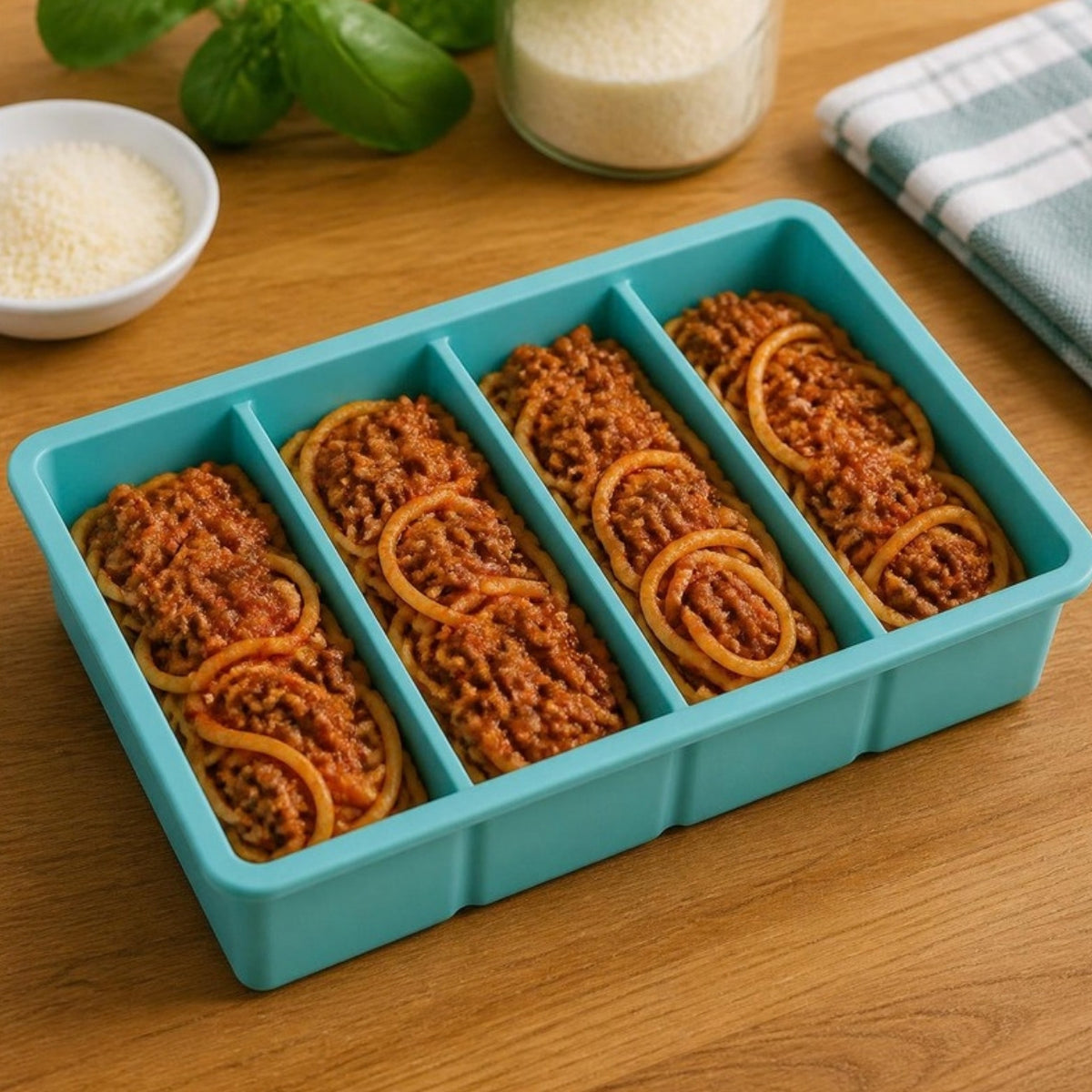 Congelando macarrão com molho na forma