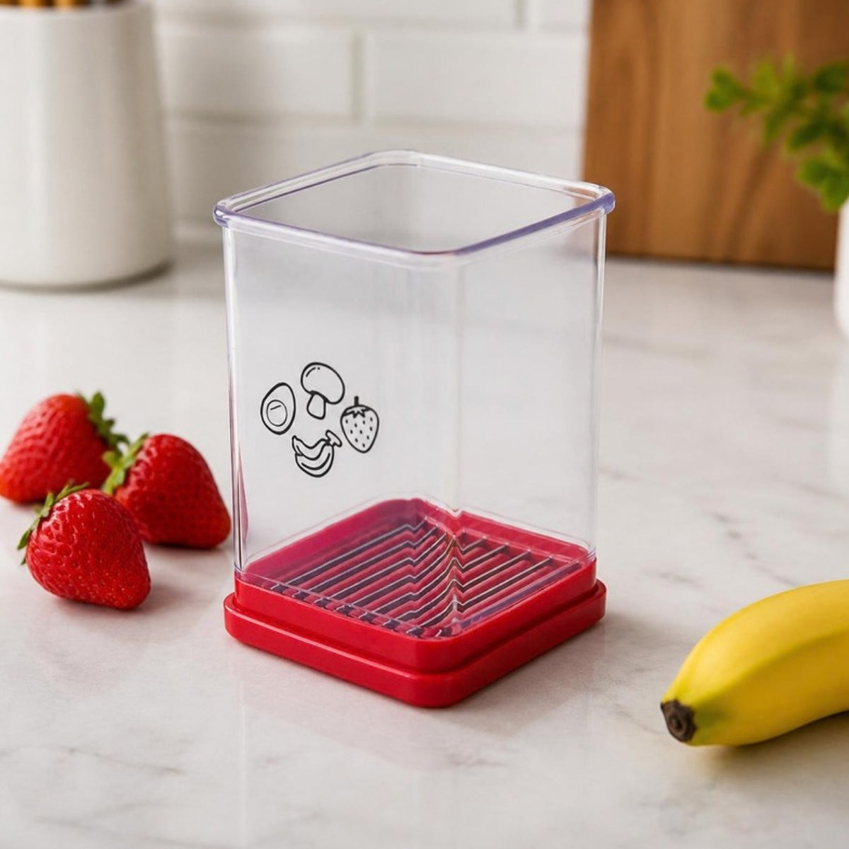 Cortador de Legumes e Frutas Multifuncional com frutas na bancada