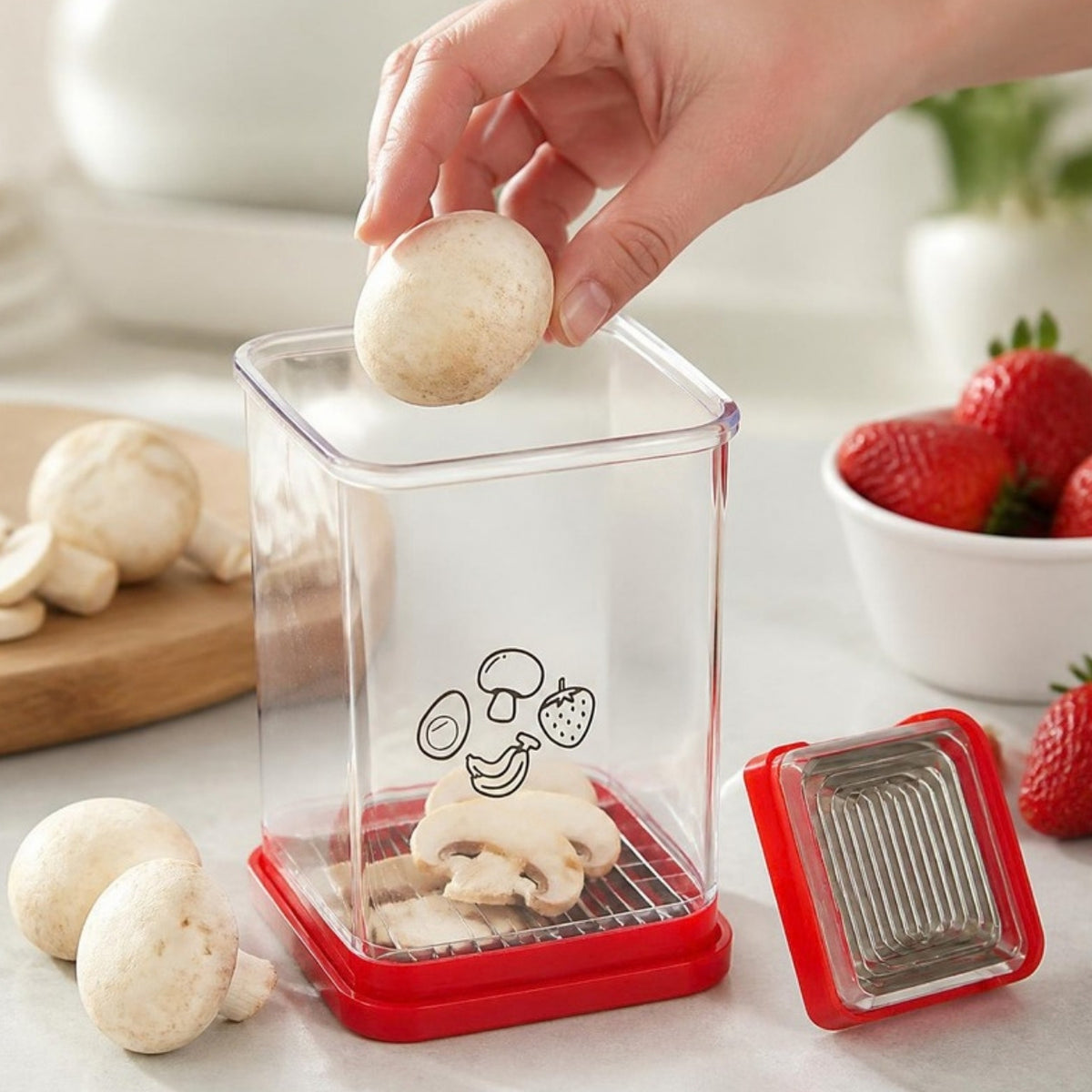 Colocando cogumelo no cortador para fatiar